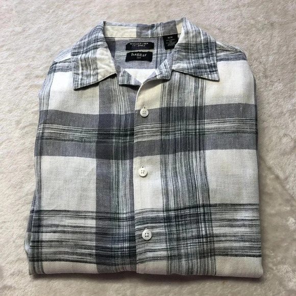 Haggar Men's Linen Plaid Grey & White Short Sleeve Button Down Shirt Size M - Picture 4 of 9
